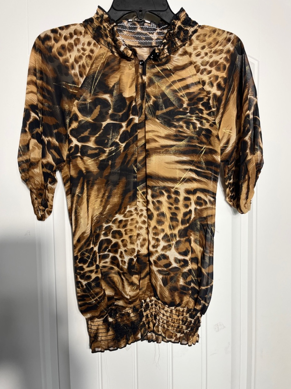 Animal Print Short Sleeve Blouse in Brown & Black